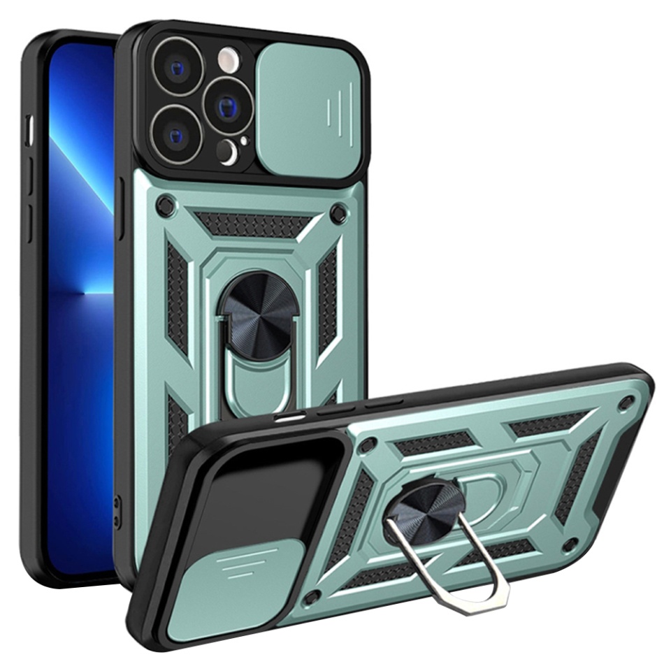Husa pentru iPhone 13 Pro, SKYDDAR INNOVATION, CamShield, Verde, set cu sticker