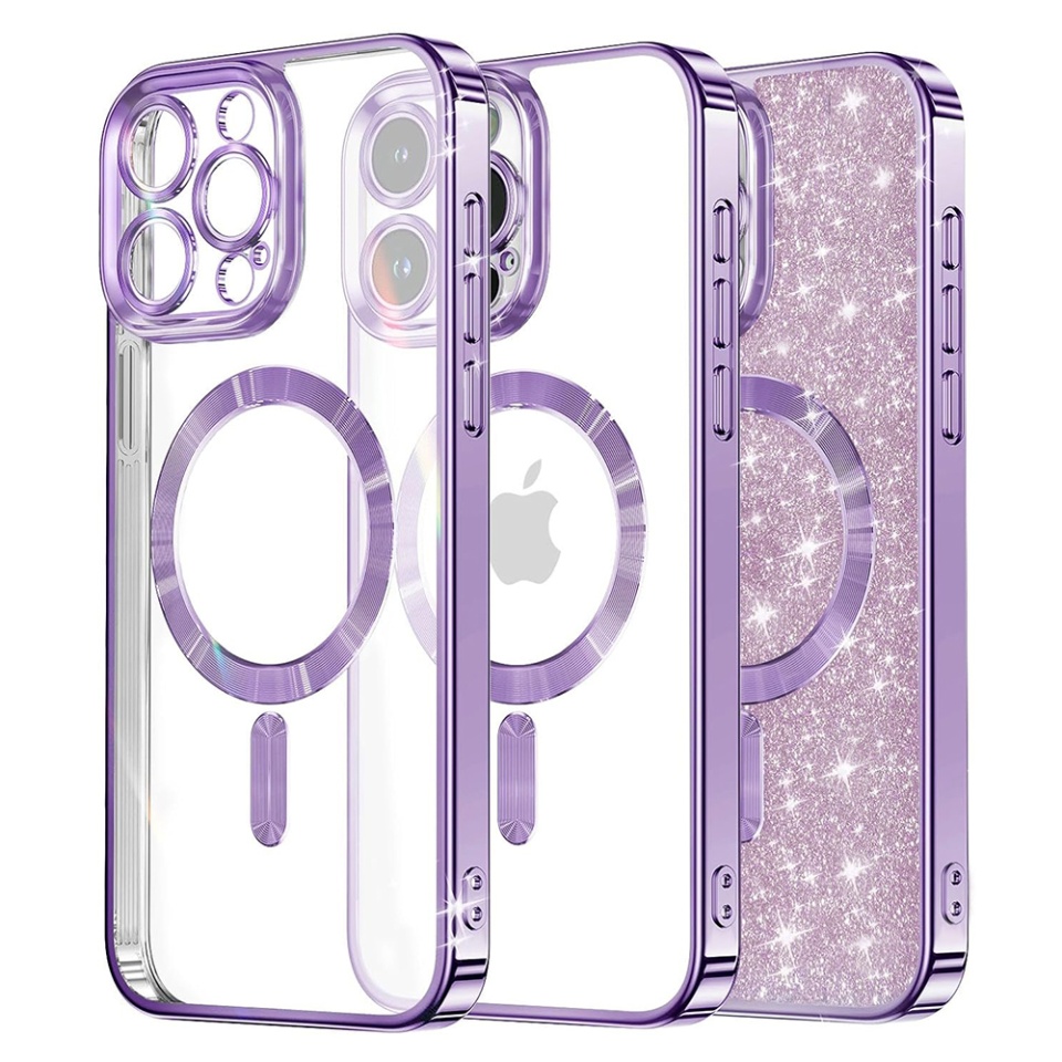 Husa pentru iPhone 13 Pro, SKYDDAR INNOVATION, Luxury Glitter Magsafe, Antisoc, Fundal Detasabil 2-in-1, Protectie Superioara, Margini Ridicate, Mov deschis, set cu sticker