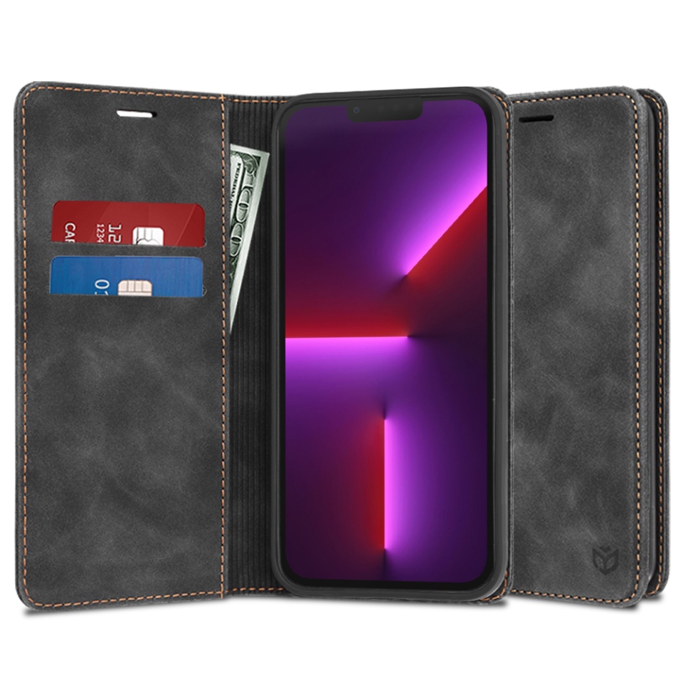 Husa pentru iPhone 13 Pro, SKYDDAR INNOVATION, Soft Wallet, tip Carte din piele Eco Premium, cu Portofel Interior, Negru, set cu sticker
