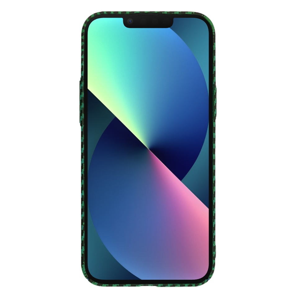 Husa pentru iPhone 13, SKYDDAR INNOVATION, textura carbon, Carbonite FiberShell, Verde, set cu sticker - 1 | YEO