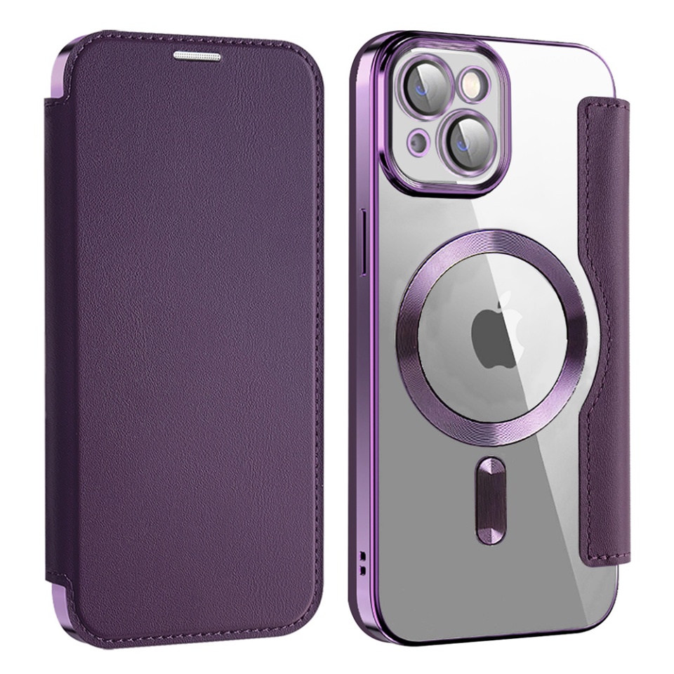 Husa pentru iPhone 13 tip carte, SKYDDAR INOVATION, SmartMag Book, Magsafe, RFiD, Suport Carduri, set cu sticker, Mov - 1 | YEO