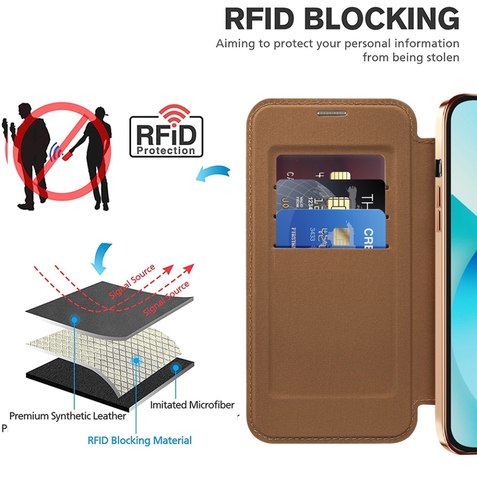 Husa pentru iPhone 13 tip carte, SKYDDAR INOVATION, SmartMag Book, Magsafe, RFiD, Suport Carduri, set cu sticker, Maro - 3 | YEO