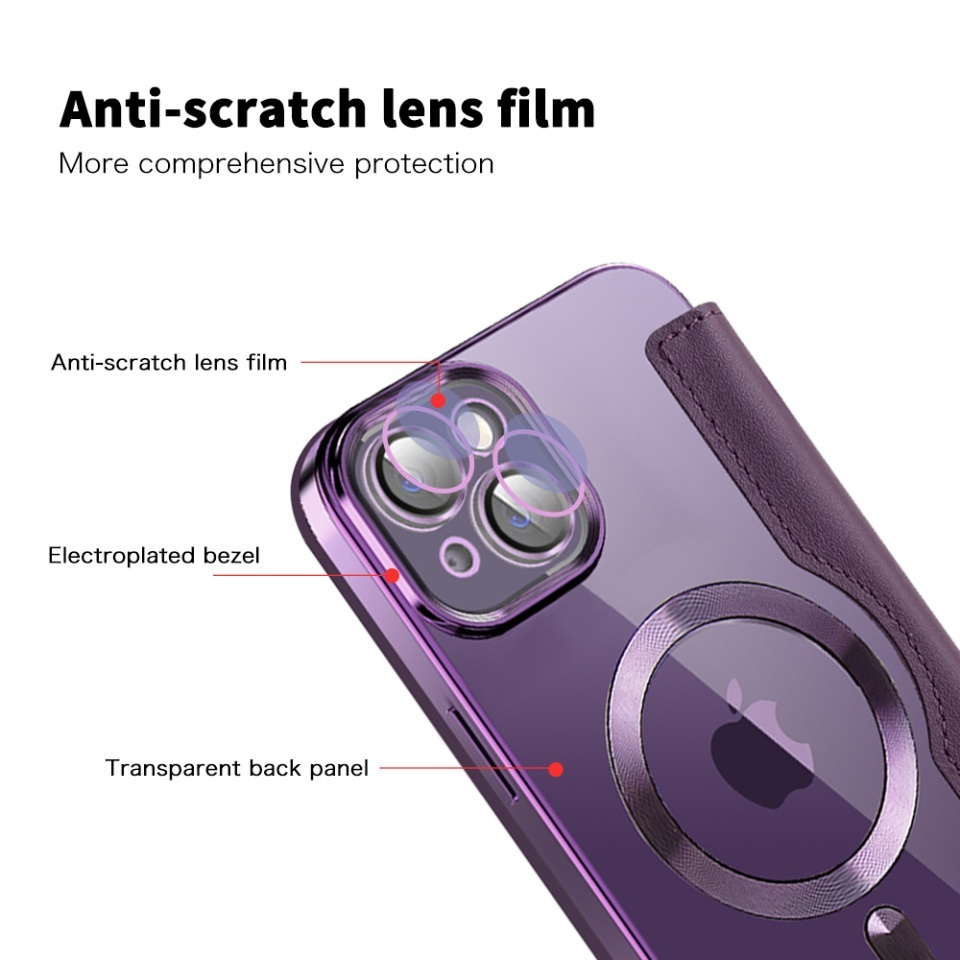 Husa pentru iPhone 14 Plus tip carte, SKYDDAR INOVATION, SmartMag Book, Magsafe, RFiD, Suport Carduri, set cu sticker, Mov - 2 | YEO