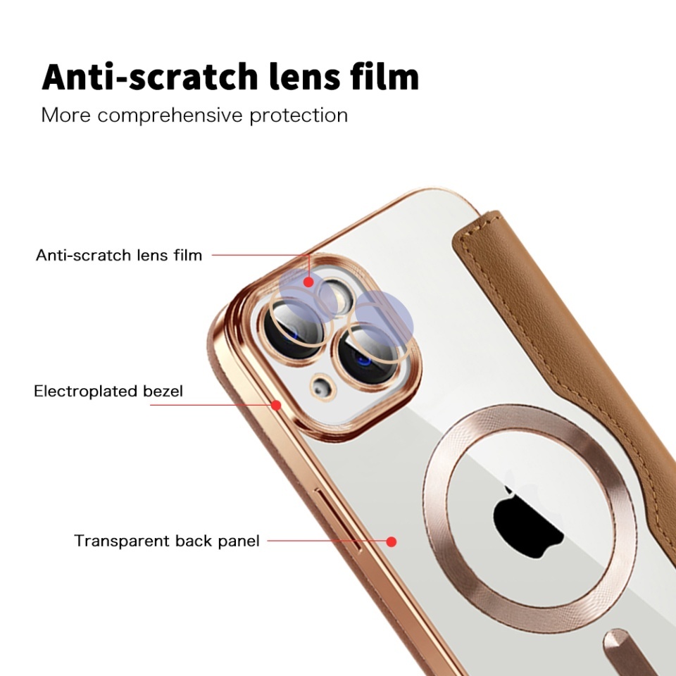 Husa pentru iPhone 14 Plus tip carte, SKYDDAR INOVATION, SmartMag Book, Magsafe, RFiD, Suport Carduri, set cu sticker, Maro - 2 | YEO
