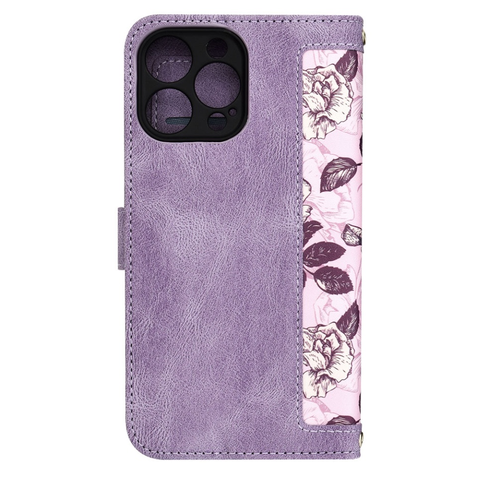 Husa pentru iPhone 14 Pro Max, SKYDDAR INNOVATION, Floral Wallet, din Piele Ecologică cu Design Floral, Protecție 360°, Stand Integrat, Buzunare pentru Carduri, Mov, set cu sticker - 2 | YEO