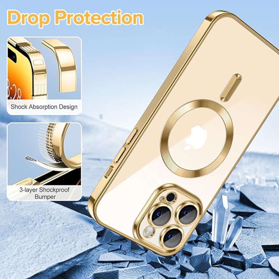 Husa pentru iPhone 14 Pro Max, SKYDDAR INNOVATION, Luxury Shield Magsafe, Protectie Antisoc, Auriu, set cu sticker - 2 | YEO