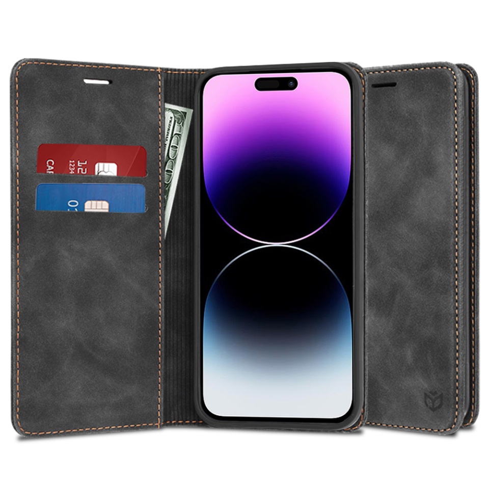 Husa pentru iPhone 14 Pro Max, SKYDDAR INNOVATION, Soft Wallet, tip Carte din piele Eco Premium, cu Portofel Interior, Negru, set cu sticker