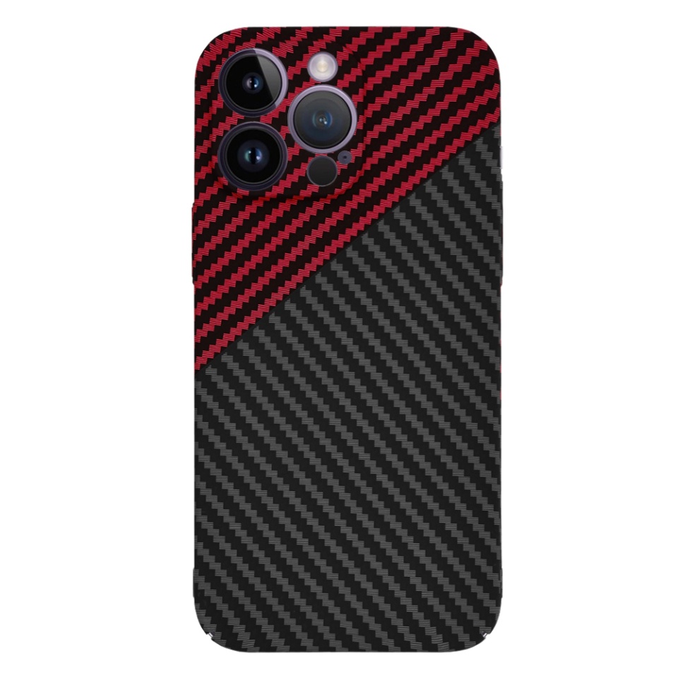 Husa pentru iPhone 14 Pro Max, SKYDDAR INNOVATION, textura carbon, Carbonite FiberShell, Rosu inchis, set cu sticker - 1 | YEO