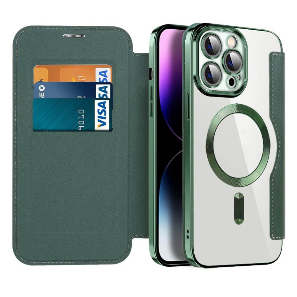 Husa pentru iPhone 14 Pro Max tip carte, SKYDDAR INOVATION, SmartMag Book, Magsafe, RFiD, Suport Carduri, set cu sticker, Verde