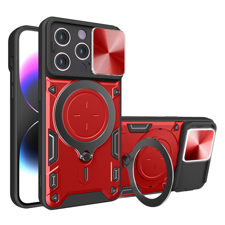 Husa pentru iPhone 14 Pro, SKYDDAR INNOVATION, CamGuard Pro, Inel Magnetic, Protectie Camera, set cu sticker, Rosu