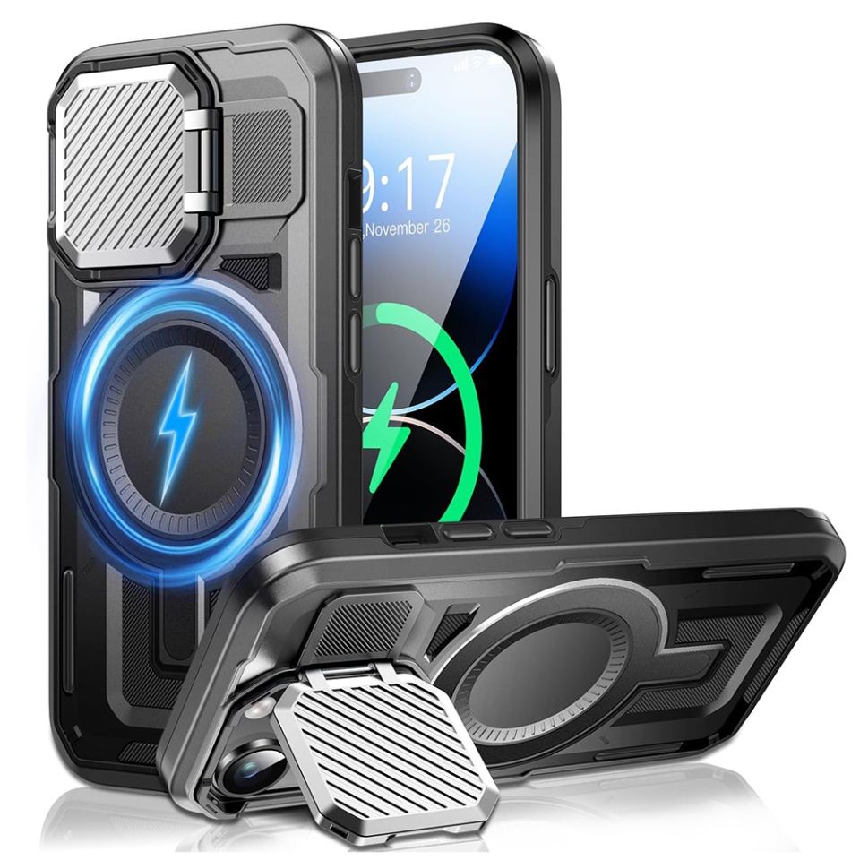 Husa pentru iPhone 14 Pro, SKYDDAR INNOVATION, CamVault MagSafe cu Protectie Camera, set cu sticker, Negru