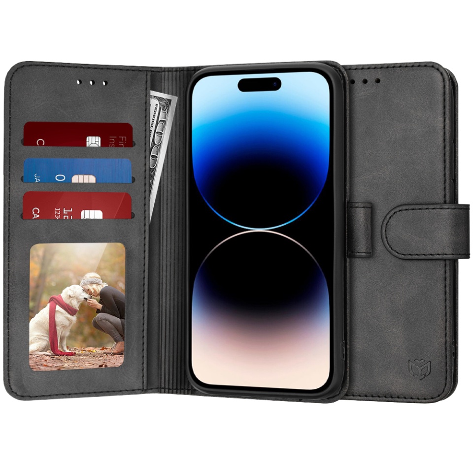 Husa pentru iPhone 14 Pro, SKYDDAR INNOVATION, Diary Book, tip carte, cu Portofel Interior, Antisoc, Negru, set cu sticker