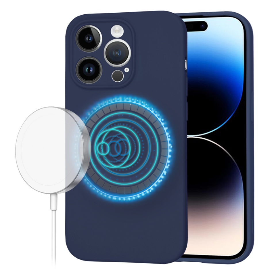 Husa pentru iPhone 14 Pro, SKYDDAR INNOVATION, din Silicon Catifelat, SoftFlex Magsafe, Bleumarin, set cu sticker