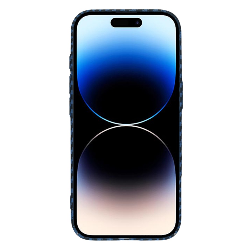Husa pentru iPhone 14 Pro, SKYDDAR INNOVATION, textura carbon, Carbonite FiberShell, Cyan, set cu sticker - 1 | YEO