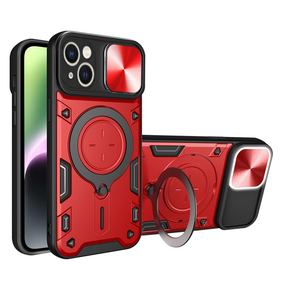 Husa pentru iPhone 14, SKYDDAR INNOVATION, CamGuard Pro, Inel Magnetic, Protectie Camera, Rosu, set cu sticker
