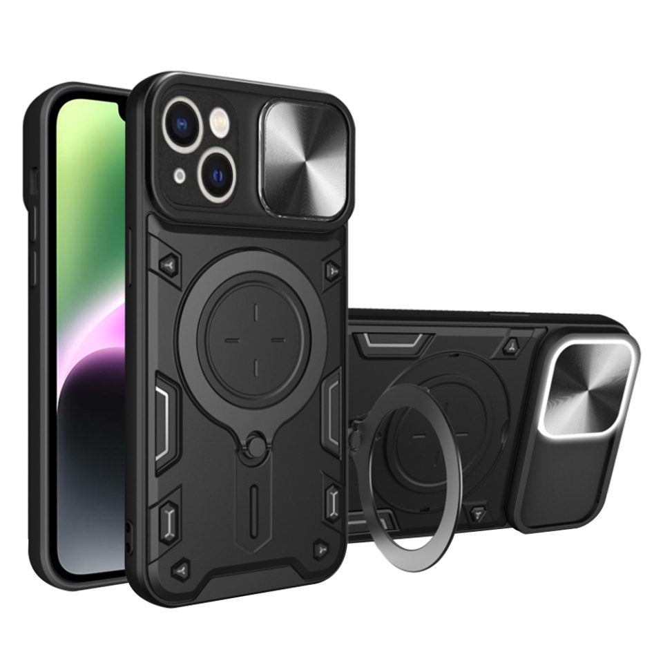 Husa pentru iPhone 14, SKYDDAR INNOVATION, CamGuard Pro, Inel Magnetic, Protectie Camera, Negru, set cu sticker