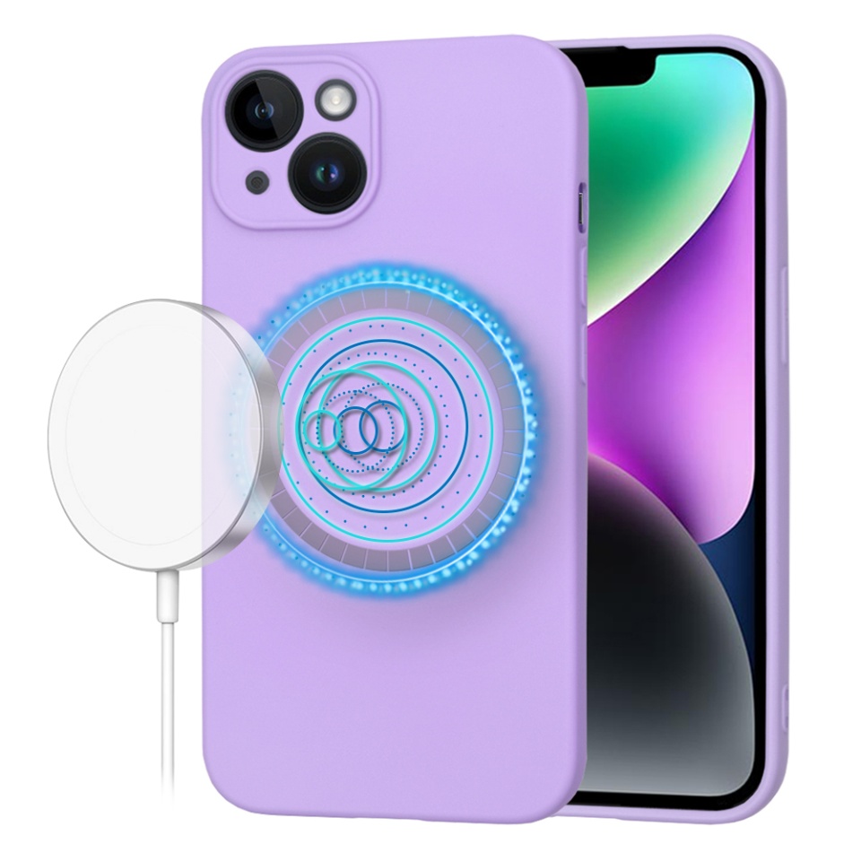 Husa pentru iPhone 14, SKYDDAR INNOVATION, din Silicon Catifelat, SoftFlex Magsafe, Violet, set cu sticker