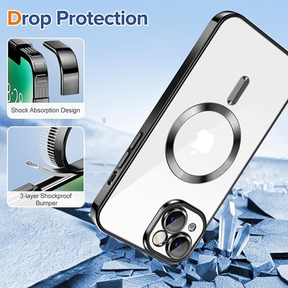 Husa pentru iPhone 14, SKYDDAR INNOVATION, Luxury Shield Magsafe, Protectie Antisoc, Negru, set cu sticker - 2 | YEO