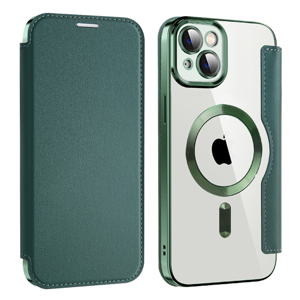 Husa pentru iPhone 14 tip carte, SKYDDAR INOVATION, SmartMag Book, Magsafe, RFiD, Suport Carduri, set cu sticker, Verde - 1 | YEO