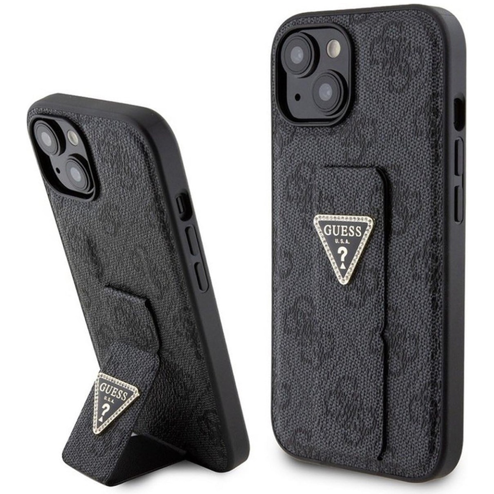 Husa pentru iPhone 15, Grip Stand 4G Triangle Strass, Guess - Negru