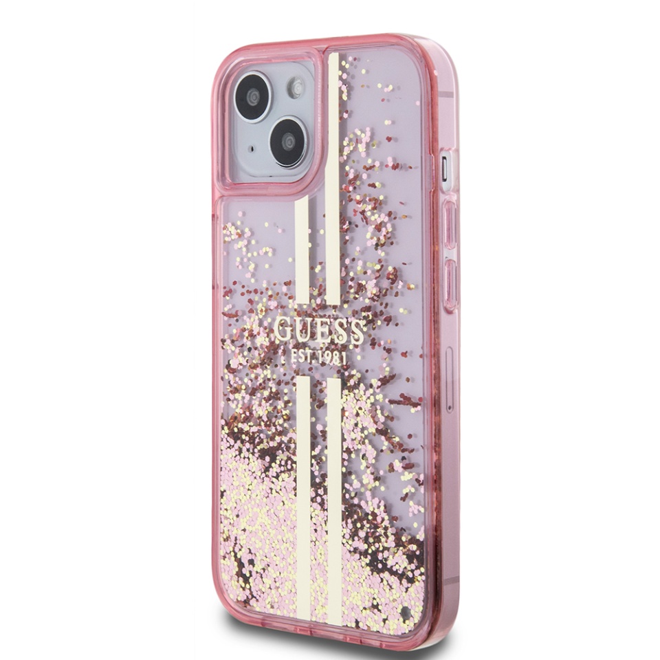 Husa pentru iPhone 15 Plus, Liquid Glitter Gold Stripes, Guess - Roz - 3 | YEO
