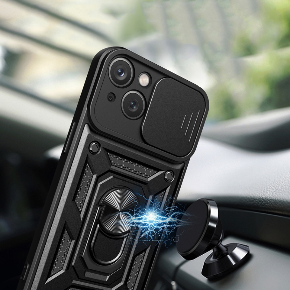 Husa pentru iPhone 15 Plus, SKYDDAR INNOVATION, CamShield, Albastru, set cu sticker - 2 | YEO