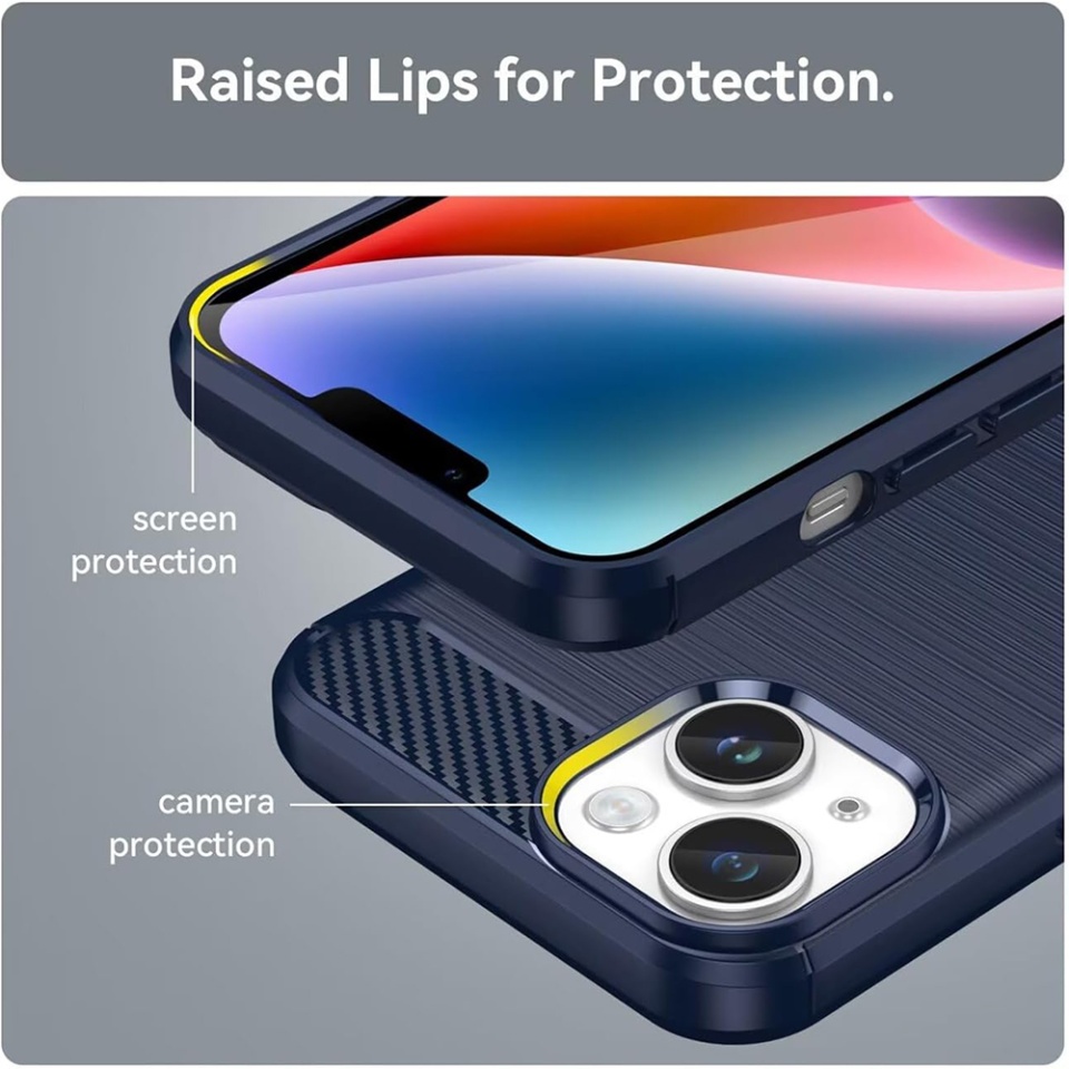 Husa pentru iPhone 15 Plus, SKYDDAR INNOVATION, Carbon Silicone, din Silicon Premium, Slim, cu textura Fibra Carbon, Albastru, set cu sticker - 3 | YEO