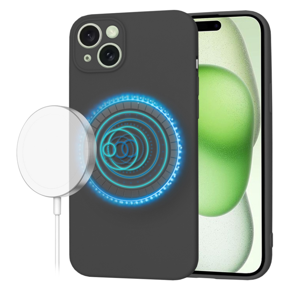 Husa pentru iPhone 15 Plus, SKYDDAR INNOVATION, din Silicon Catifelat, SoftFlex Magsafe, Negru, set cu sticker