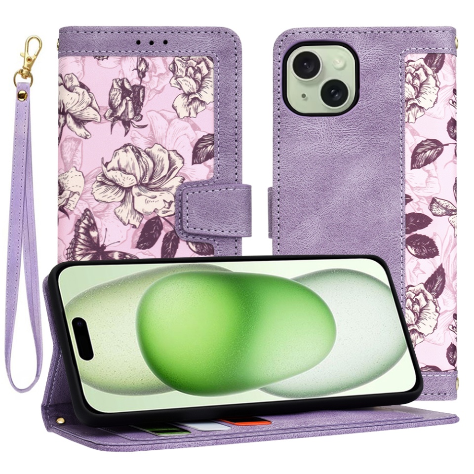 Husa pentru iPhone 15 Plus, SKYDDAR INNOVATION, Floral Wallet, din Piele Ecologică cu Design Floral, Protecție 360°, Stand Integrat, Buzunare pentru Carduri, Mov, set cu sticker