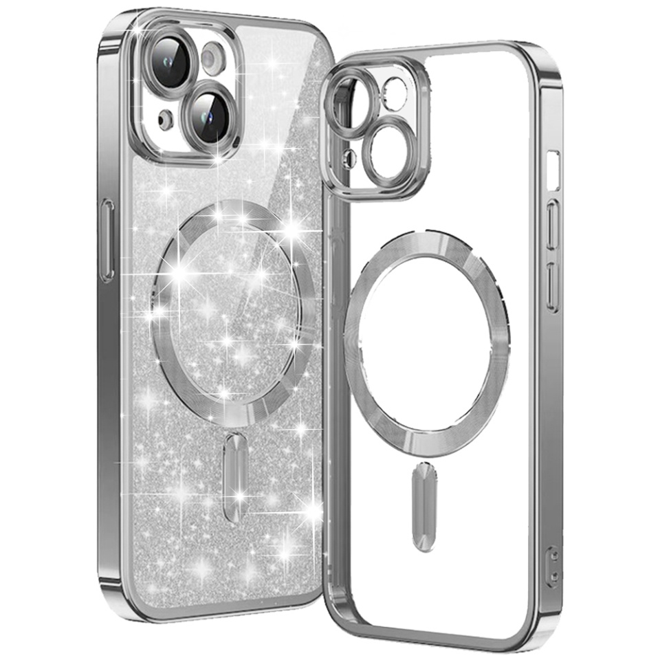 Husa pentru iPhone 15 Plus, SKYDDAR INNOVATION, Luxury Glitter Magsafe, Antisoc, Fundal Detasabil 2-in-1, Protectie Superioara, Margini Ridicate, Argintiu, set cu sticker