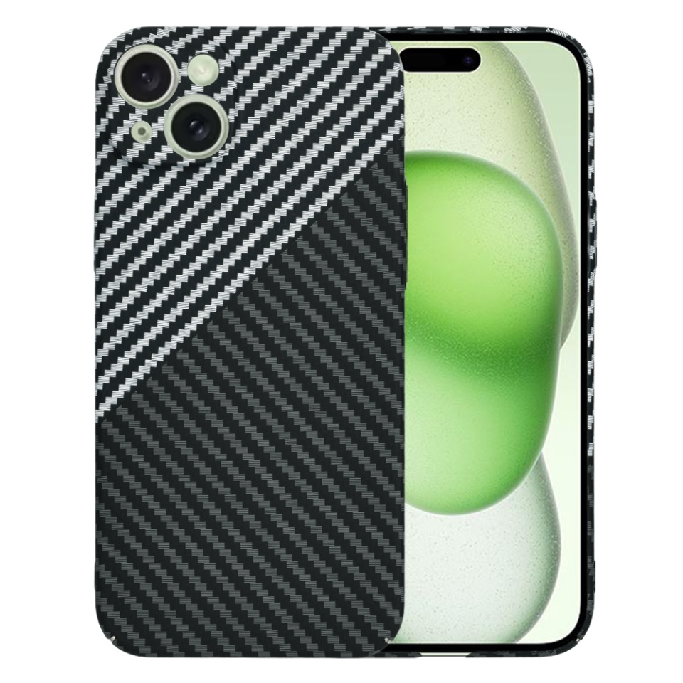Husa pentru iPhone 15 Plus, SKYDDAR INNOVATION, textura carbon, Carbonite FiberShell, Gri, set cu sticker