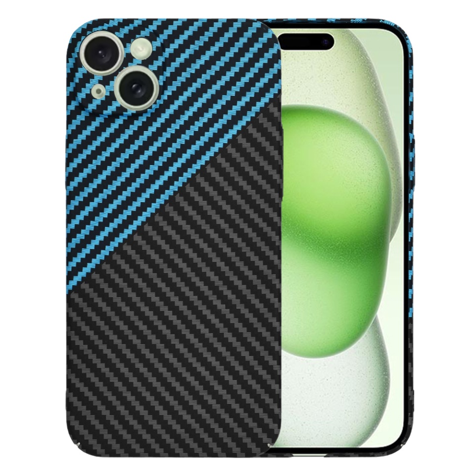 Husa pentru iPhone 15 Plus, SKYDDAR INNOVATION, textura carbon, Carbonite FiberShell, Bleu, set cu sticker