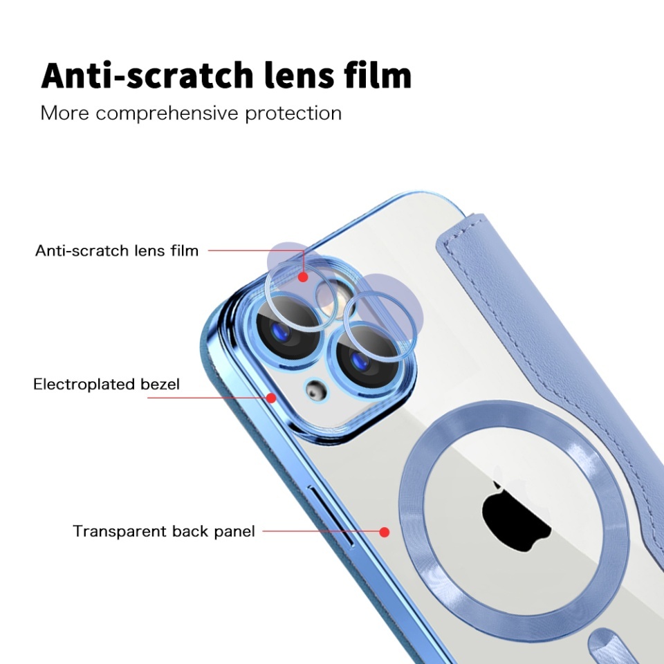 Husa pentru iPhone 15 Plus tip carte, SKYDDAR INOVATION, SmartMag Book, Magsafe, RFiD, Suport Carduri, set cu sticker, Bleu - 2 | YEO