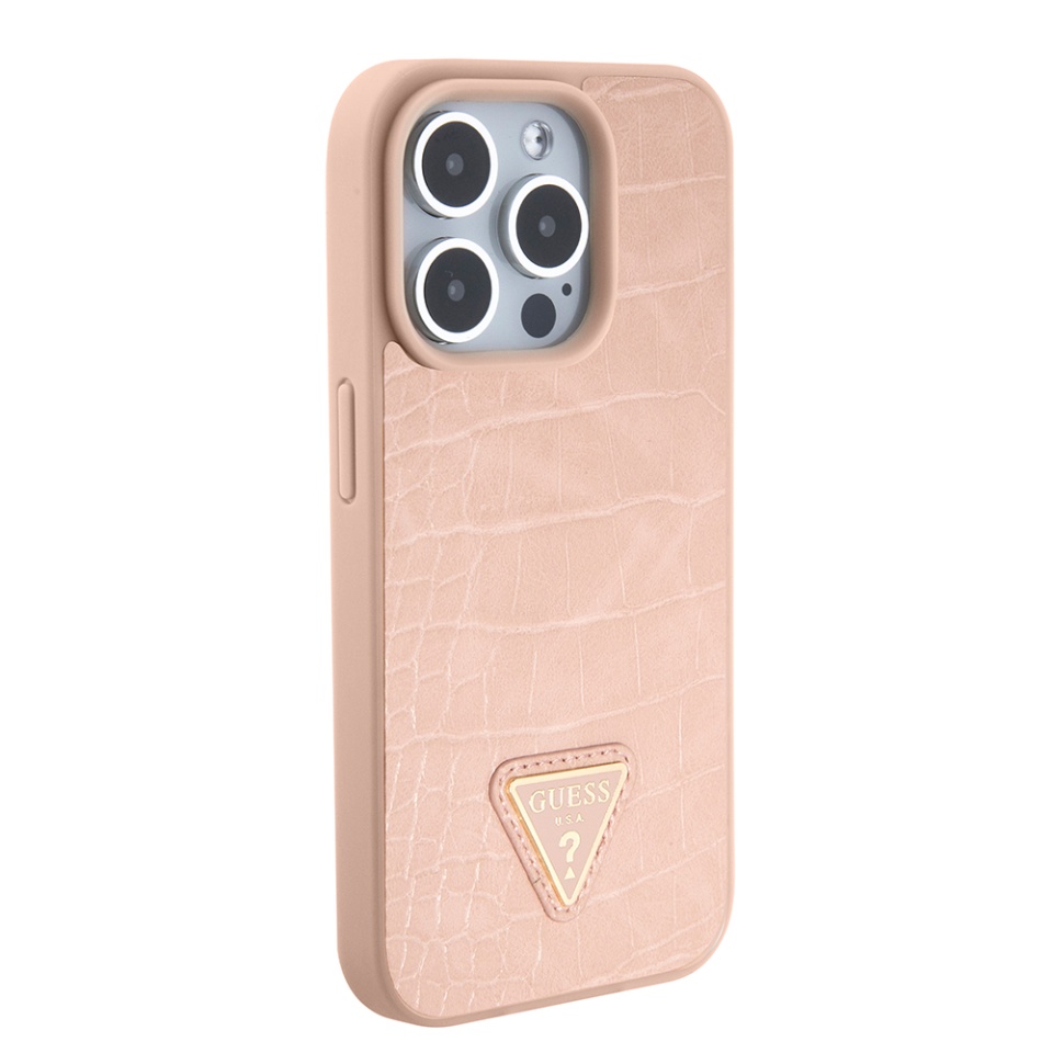 Husa pentru iPhone 15 Pro Max, Croco Triangle Metal Logo, Guess - Roz - 2 | YEO