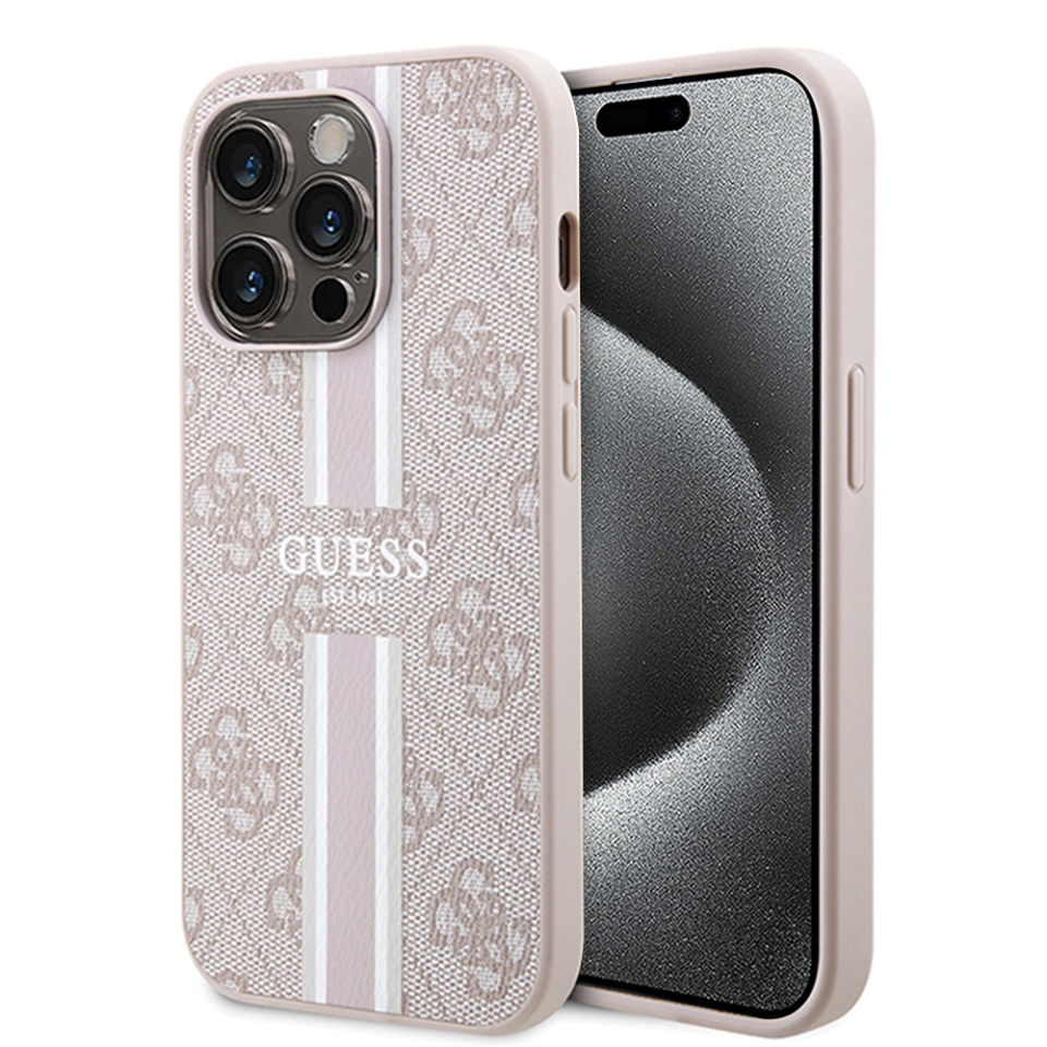 Husa pentru iPhone 15 Pro Max, Guess, Hardcase 4G Printed Stripes MagSafe, Roz