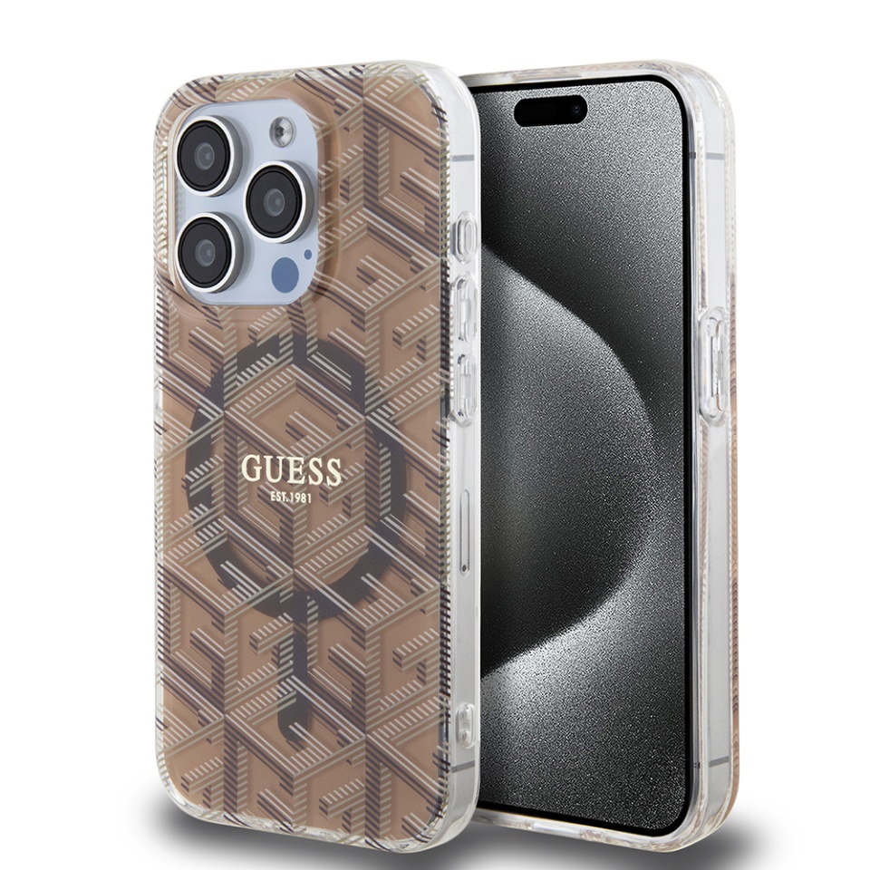 Husa pentru iPhone 15 Pro Max, IML GCube MagSafe, Guess - Maro