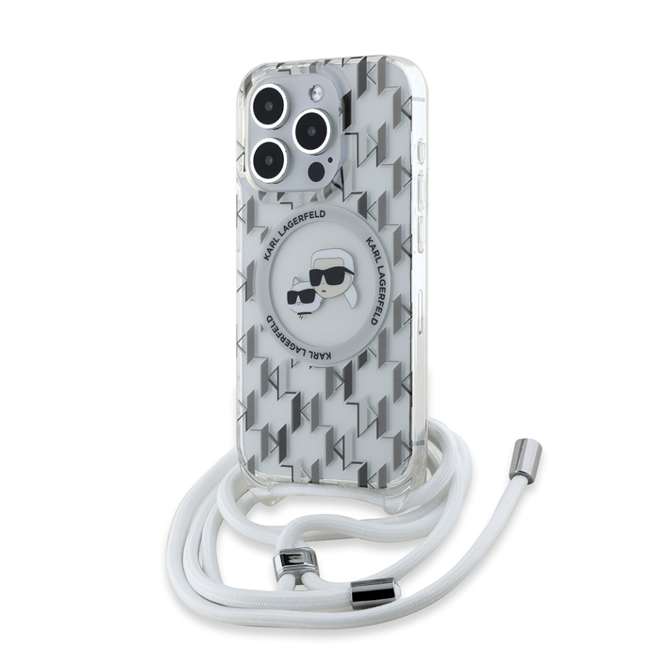 Husa pentru iPhone 15 Pro Max, Karl Lagerfeld, IML Crossbody MagSafe, Clear Monogram Karl&Choupette Head