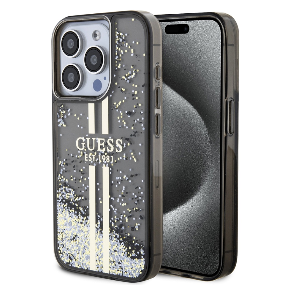 Husa pentru iPhone 15 Pro Max, Liquid Glitter Gold Stripes, Guess - Negru