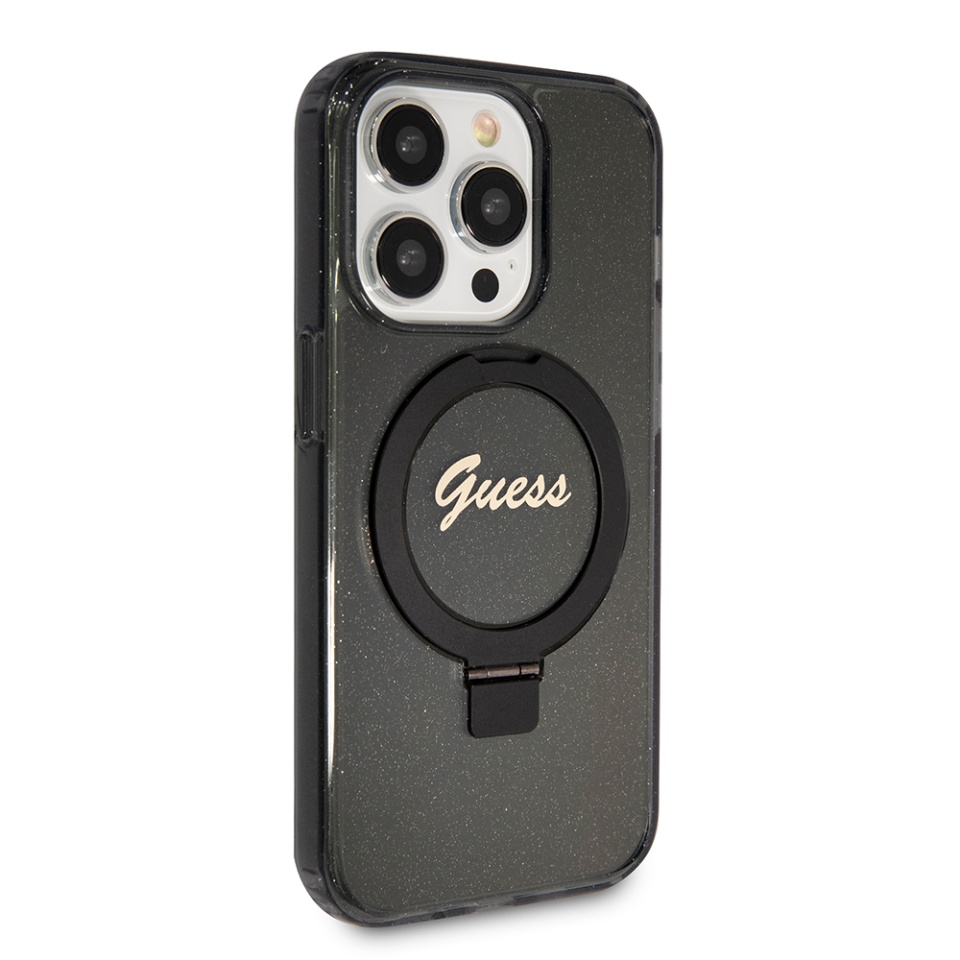 Husa pentru iPhone 15 Pro Max Ring Stand Script Glitter, Guess - Negru - 3 | YEO