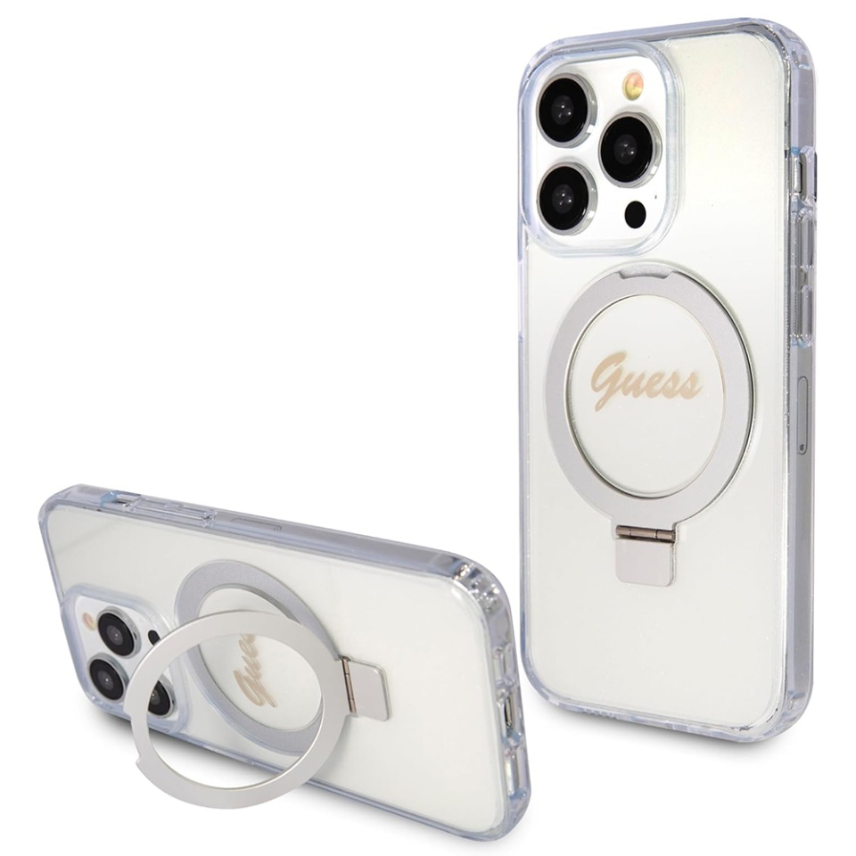 Husa pentru iPhone 15 Pro Max Ring Stand Script Glitter, Guess - Transparenta