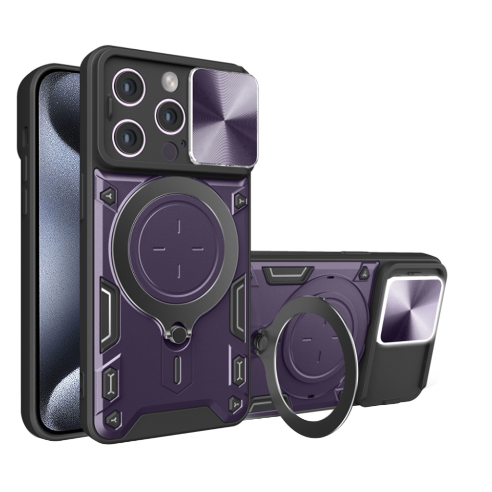 Husa pentru iPhone 15 Pro Max, SKYDDAR INNOVATION, CamGuard Pro, Inel Magnetic, Protectie Camera, Mov, set cu sticker