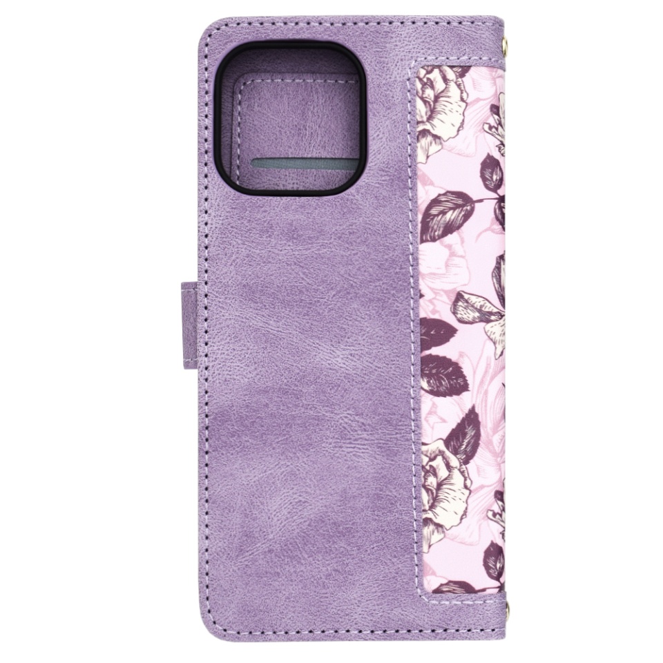 Husa pentru iPhone 15 Pro Max, SKYDDAR INNOVATION, Floral Wallet, din Piele Ecologică cu Design Floral, Protecție 360°, Stand Integrat, Buzunare pentru Carduri, Mov, set cu sticker - 2 | YEO