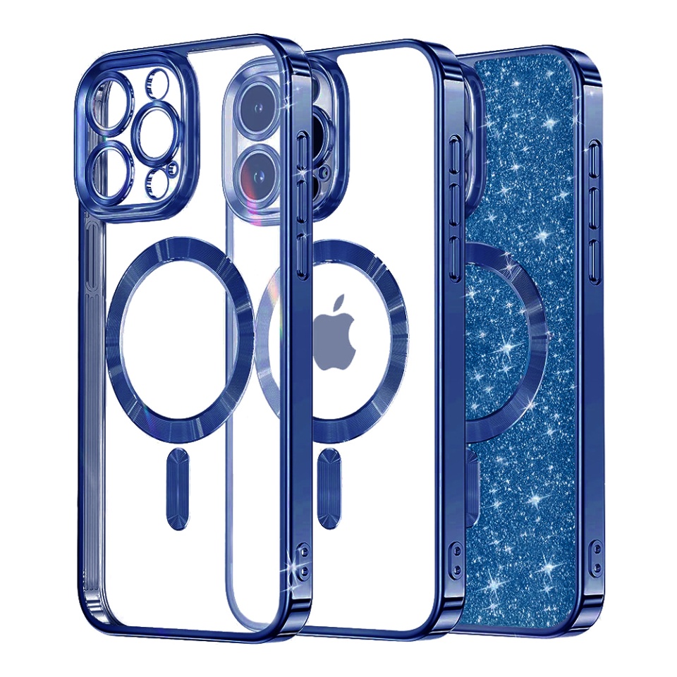 Husa pentru iPhone 15 Pro Max, SKYDDAR INNOVATION, Luxury Glitter Magsafe, Antisoc, Fundal Detasabil 2-in-1, Protectie Superioara, Margini Ridicate, Albastru, set cu sticker