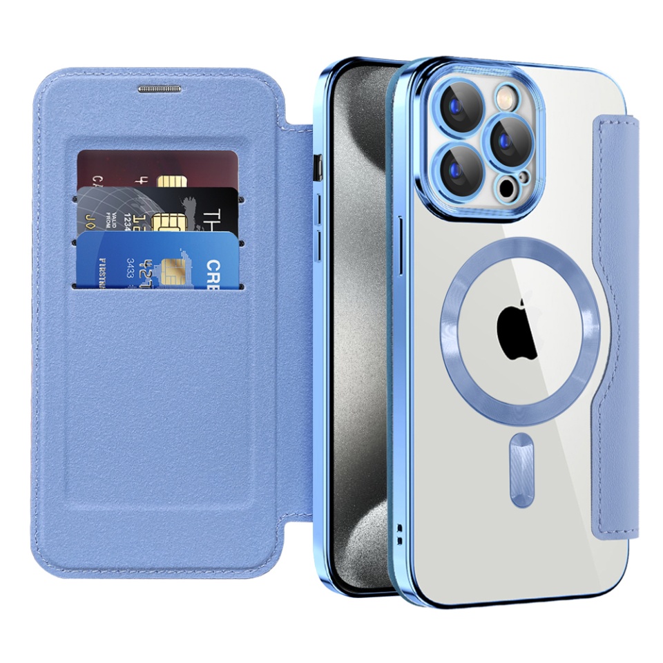 Husa pentru iPhone 15 Pro Max tip carte, SKYDDAR INOVATION, SmartMag Book, Magsafe, RFiD, Suport Carduri, set cu sticker, Bleu
