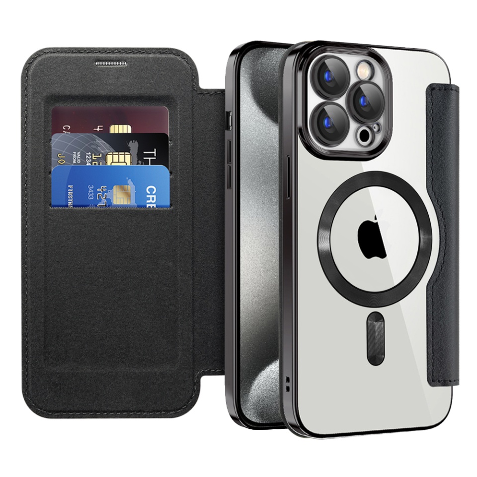 Husa pentru iPhone 15 Pro Max tip carte, SKYDDAR INOVATION, SmartMag Book, Magsafe, RFiD, Suport Carduri, set cu sticker, Negru