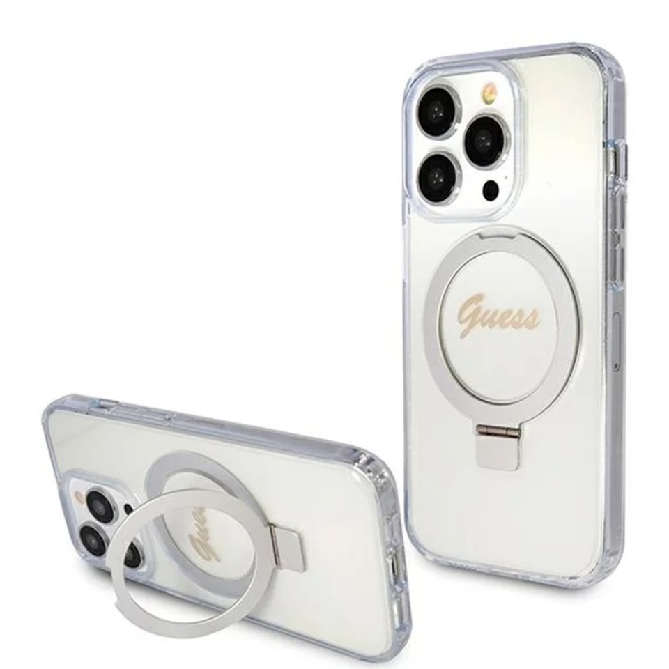 Husa pentru iPhone 15 Pro Ring Stand Script Glitter, Guess - Transparenta
