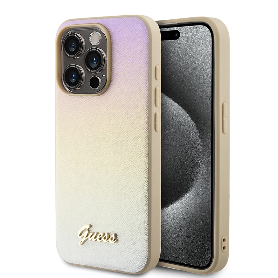Husa pentru iPhone 15 Pro, Saffiano Iridescent Script, Guess, Auriu