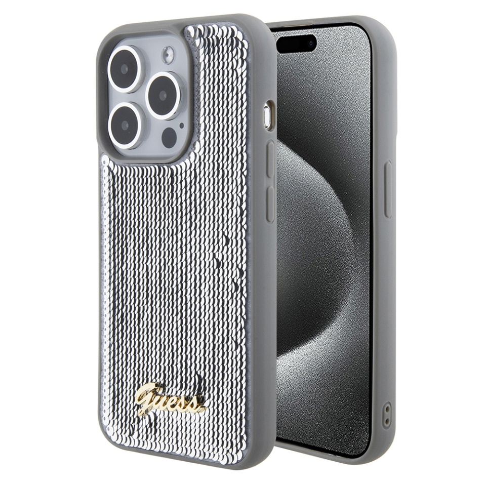 Husa pentru iPhone 15 Pro, Sequin Script Metal, Guess - Argintiu