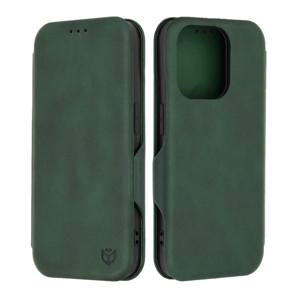 Husa pentru iPhone 15 Pro, SKYDDAR INNOVATION, Safe Wallet tip carte din Piele Ecologica, Suport Carduri, Inchidere Magnetica, Verde, set cu sticker