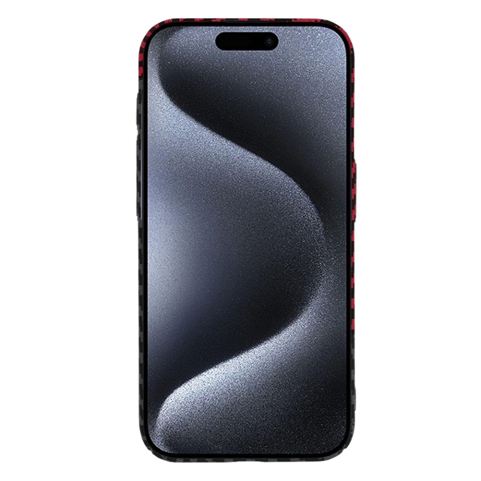 Husa pentru iPhone 15 Pro, SKYDDAR INNOVATION, textura carbon, Carbonite FiberShell, Rosu inchis, set cu sticker - 2 | YEO